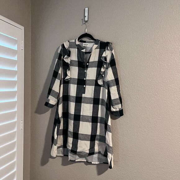 Tribe Alive Freya Ruffled Shirt Dress Medium Lined Check Plaid Black Cream - Picture 4 of 8